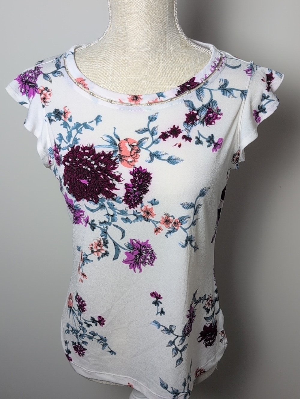 Candie's White Short-Sleeve Tee with Purple and Pink Floral Print